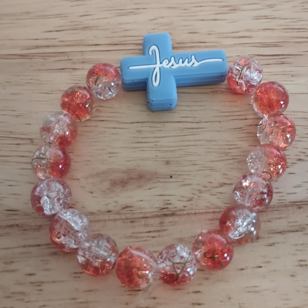 Wrist Bracelet With Blue And White Cross With Red And White Beads